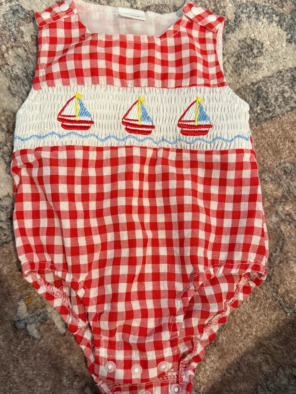 Red Gingham Sailboat Smocked Baby Romper